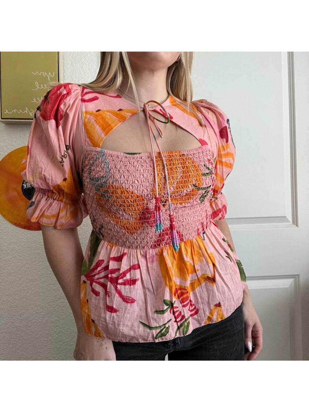 NWOT Farm Rio Mixed Fruit Smocked Puff Sleeve Blouse Sz XS